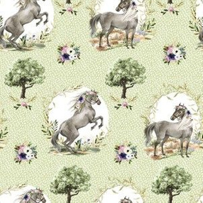 6" Royal Floral Horses Rain Bright Green Pastel Background