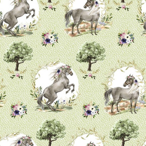 14" Royal Floral Horses Rain Bright Green Pastel Background