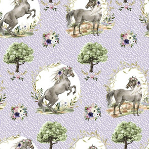 14" Royal Floral Horses Rain Lilac Background