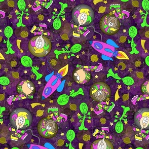 Jesters in Space  -- Cute Aliens and Cute Jester Astronauts floating in a Galaxy of Moons, Planets, and Stars with Spaceships - 339dpi (44% of Full Scale)