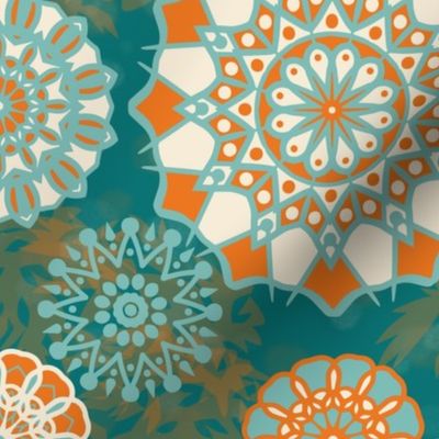 Large Scale - Boho Mandalas 3 - Dark Teal, Soft Orange and Cream