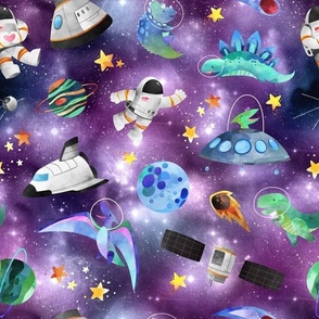 astronauts and dinosaur purple galaxy dust