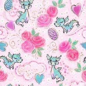 Flower dragon, Little dragon, hearts, childrens room, pink, turquoise, for kids, pink roses, flower pattern, rose flowers, dragons, fantasy, Ditsy, dragon eggs.