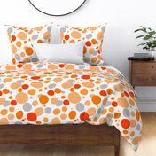 Bright, abstract, cheerful, summer, sunny, orange, abstract, dress pattern, simplicity pattern, bright spots, light, joyful, white background, gray and orange.