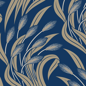 Waving Wheat Fields - Neo Art Deco - muted navy blue and beige - extra large scale