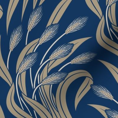 Waving Wheat Fields - Neo Art Deco - muted navy blue and beige - large scale