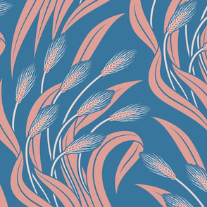 Waving Wheat Fields - Neo Art Deco - muted medium blue and peach - extra large scale