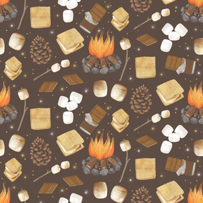 S'mores Fireside on Dark Brown, Outdoor Fabric