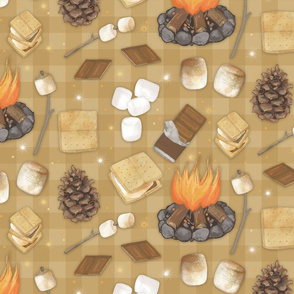 S'mores on Golden Tan Buffalo Plaid, Camping Outdoors - Large Scale