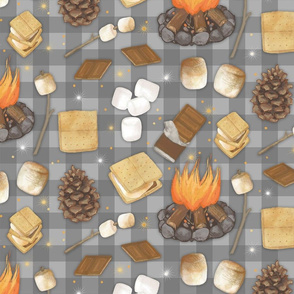 S'mores Camping Adventure, Gray Buffalo Plaid - Large Scale 