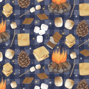 S'mores Camping Dark Blue Buffalo Plaid- Large Scale