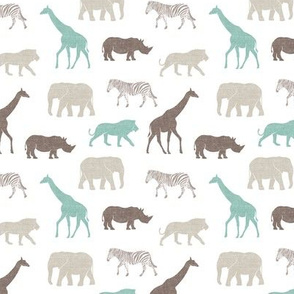 (small scale) Safari animals - brown and dark mint - elephant, giraffe, rhino, zebra C21