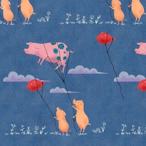 Pigs Flying a Piggy [muted blue] large
