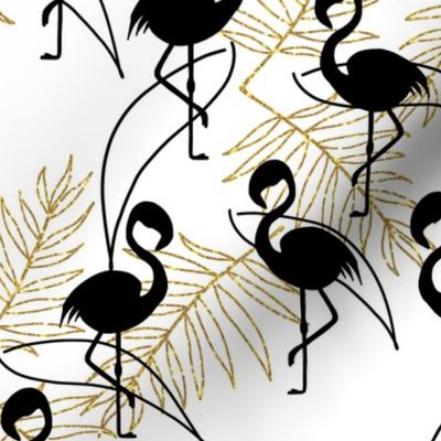 Art Deco Flamingos (gold leaf) #2 - black on white, medium 