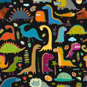  Dinosaurs, jurassic park. Childish pattern on black