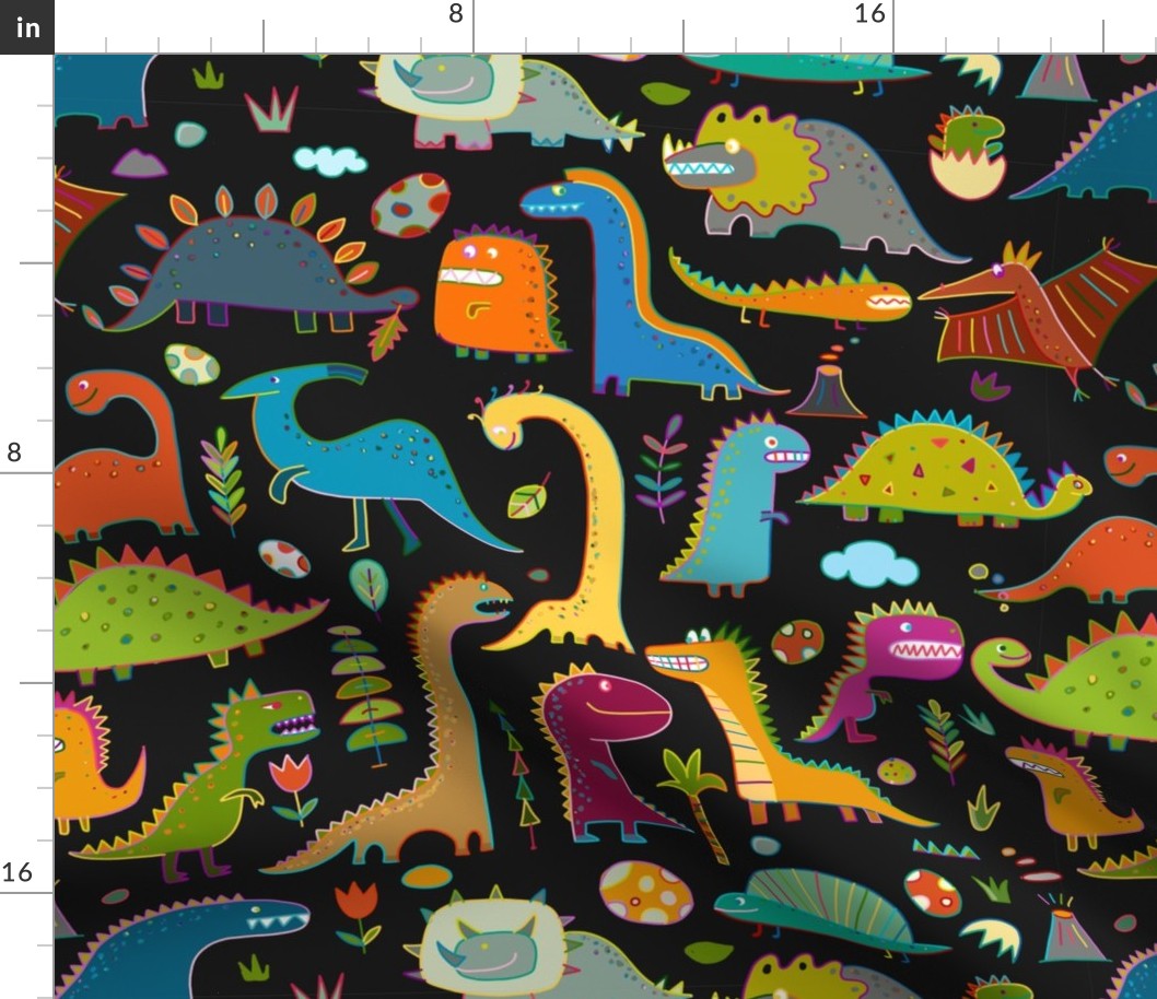  Dinosaurs, jurassic park. Childish pattern on black
