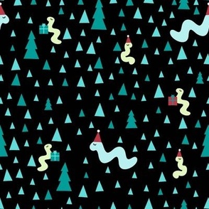 Christmas Worms with hats  and triangles teal Green and red on Black small scale