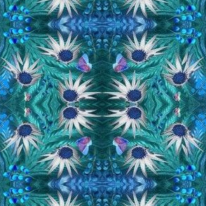 fleurs feuilles papillons dans du bleu