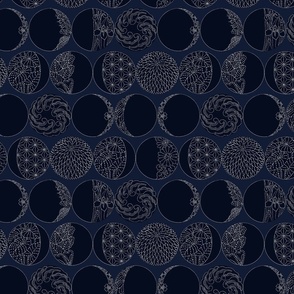 SMALL MOONS PHASES SASHIKO OUTLINE WITH A BLACK MOON FACE OVER NAVY BLUE