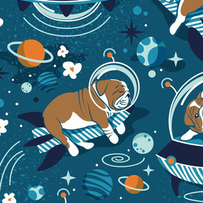 Large jumbo scale // Intergalactic doggie dreams // blue lagoon background white and bronze English Bulldogs tahiti orange bondi blue and aqua planets and space ships 