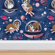 Large jumbo scale // Intergalactic doggie dreams // classic blue background white and bronze English Bulldogs fuchsia pink carissma and pastel pink planets and space ships 
