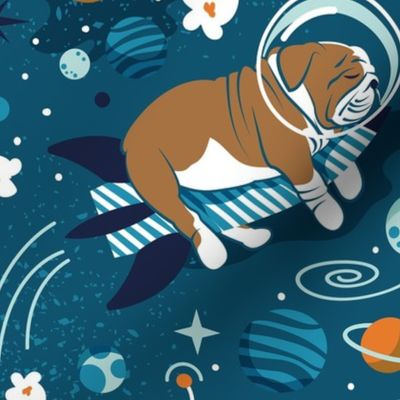 Normal scale // Intergalactic doggie dreams // blue lagoon background white and bronze English Bulldogs tahiti orange bondi blue and aqua planets and space ships 