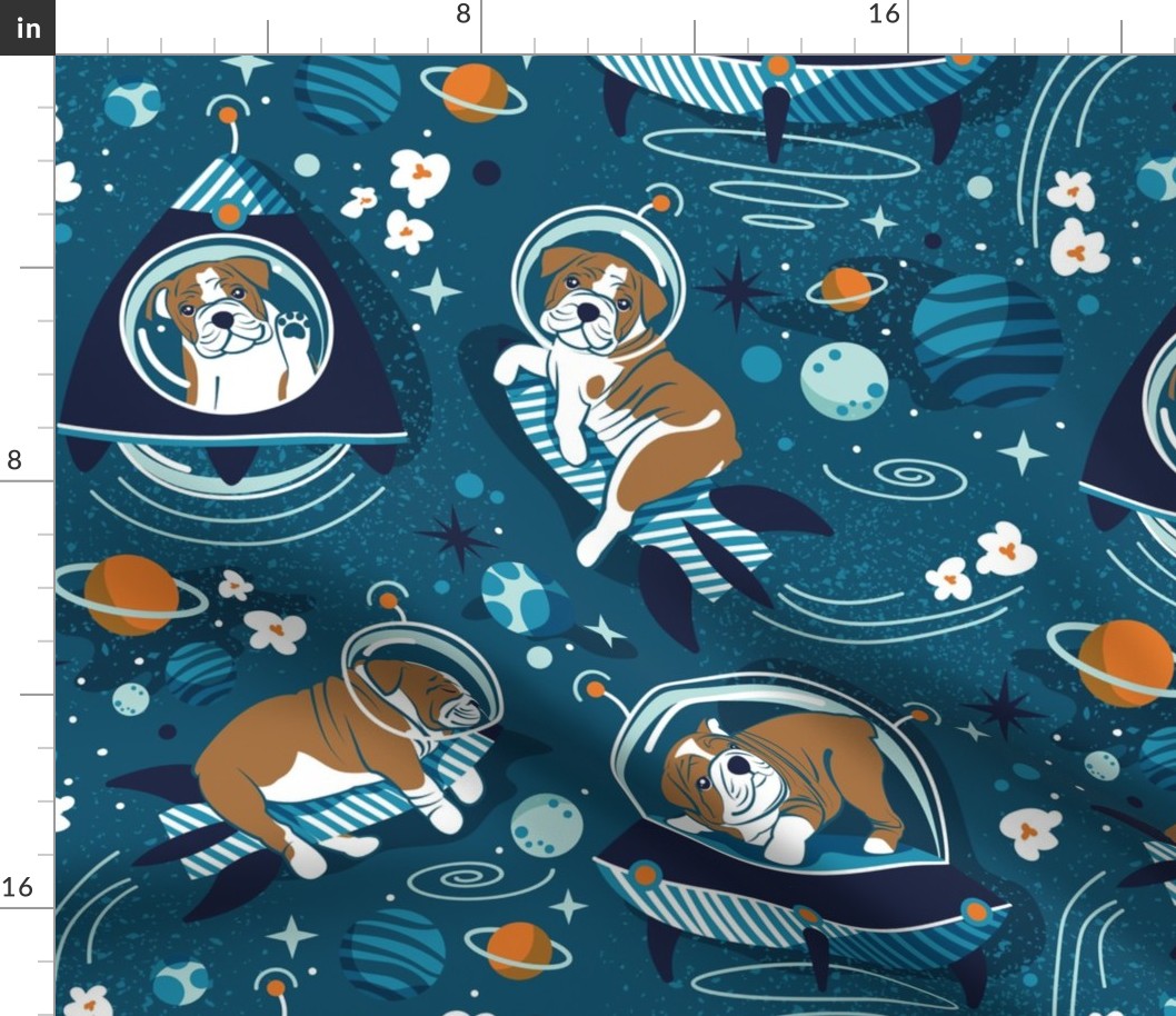 Normal scale // Intergalactic doggie dreams // blue lagoon background white and bronze English Bulldogs tahiti orange bondi blue and aqua planets and space ships 