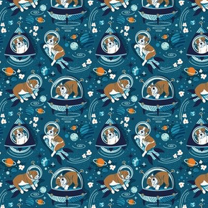 Tiny scale // Intergalactic doggie dreams // blue lagoon background white and bronze English Bulldogs tahiti orange bondi blue and aqua planets and space ships 