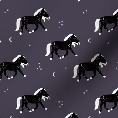 Magic cosmos horses moon and stars boho animal design purple egg plant black white 