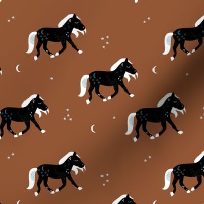Magic cosmos horses moon and stars boho animal design copper brown black