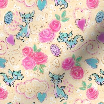 dragon and roses. fantasy design, Litlle dragon, flowers, pink rose, kids pattern, floral Ditsy,  children pattern,  vanilla nursery, funny dragons, rosy, hearts