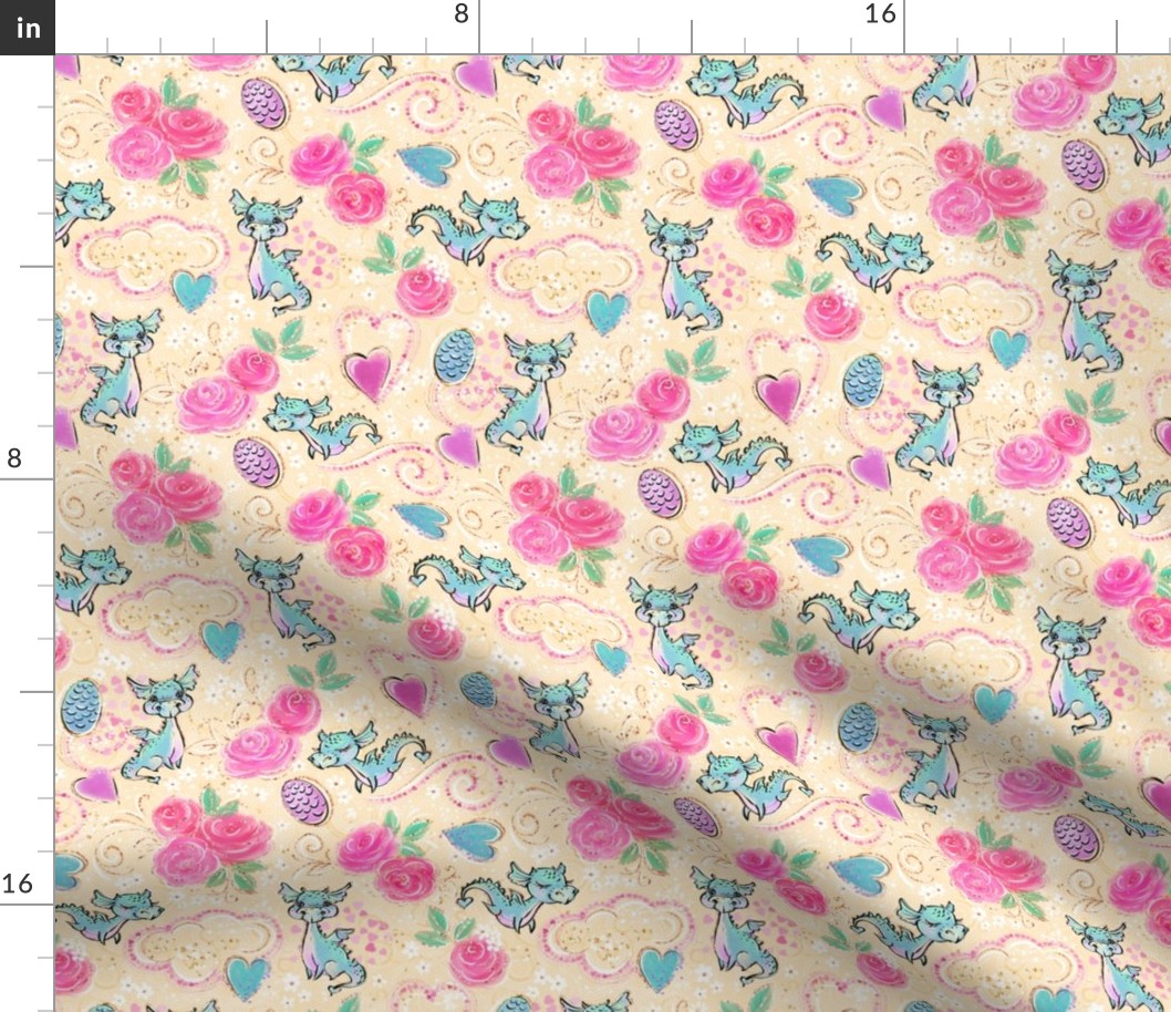 dragon and roses. fantasy design, Litlle dragon, flowers, pink rose, kids pattern, floral Ditsy,  children pattern,  vanilla nursery, funny dragons, rosy, hearts