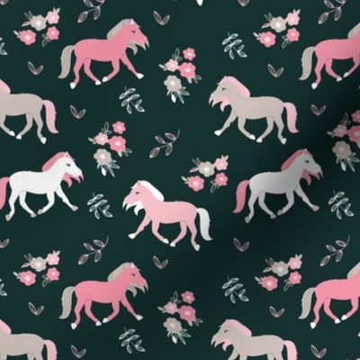 Sweet horses garden and flowers kids blossom forest green peach pink white