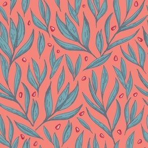 Pomegranate seed and leaves | orange green | hand drawn
