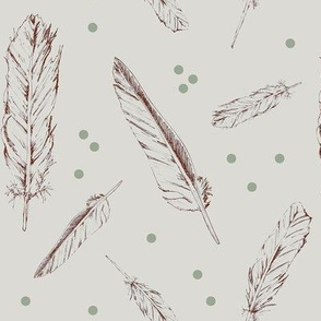 Hand Drawn Feathers In Dark Red With Green Spots Off White Medium