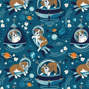 Small scale // Intergalactic doggie dreams // blue lagoon background white and bronze English Bulldogs tahiti orange bondi blue and aqua planets and space ships 