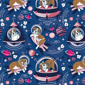 Small scale // Intergalactic doggie dreams // classic blue background white and bronze English Bulldogs fuchsia pink carissma and pastel pink planets and space ships 