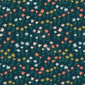 Ditsy floral pattern on dark green (small scale)