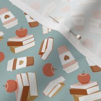 books, apples and coffee - dusty blue - back to school teacher - LAD21
