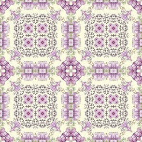 Lavender Magnolia Granny Square Floral on Pale Yellow Cream