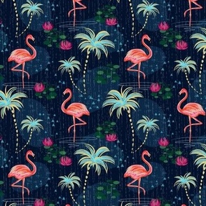 Pink flamingo. Flamingo, tropical design, palm trees, dark blue, tropics, nature, adventure, pink lotus, small scale, rainy season, monsoon.