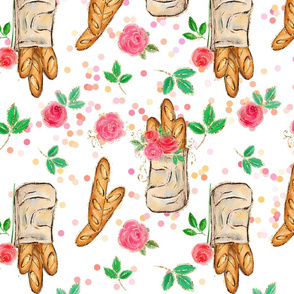 Flowers, roses, French, Paris, floral pattern, pink roses, loaf, baguettes, French baguette, cheerful, light, confetti, white background.