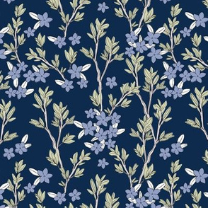Romantic messy english garden leaves branches and flower blossom in ink sage green navy blue lilac SMALL