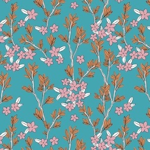Romantic messy english garden leaves branches and flower blossom in ink sage teal orange pink SMALL