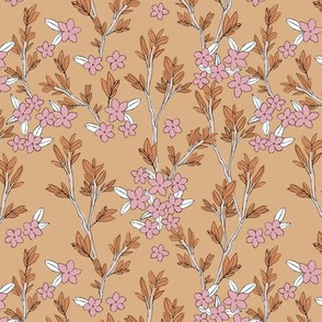 Romantic messy english garden leaves branches and flower blossom in ink camel beige cinnamon pink SMALL 