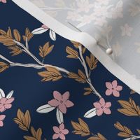 Romantic messy english garden leaves branches and flower blossom in ink navy blue pink cinnamon SMALL 