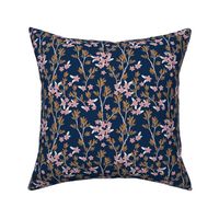 Romantic messy english garden leaves branches and flower blossom in ink navy blue pink cinnamon SMALL 