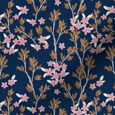 Romantic messy english garden leaves branches and flower blossom in ink navy blue pink cinnamon SMALL 