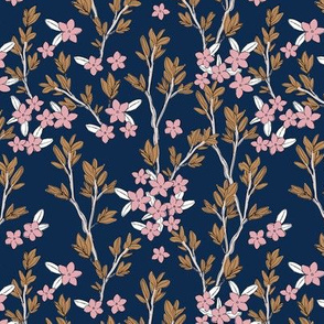 Romantic messy english garden leaves branches and flower blossom in ink navy blue pink cinnamon SMALL 