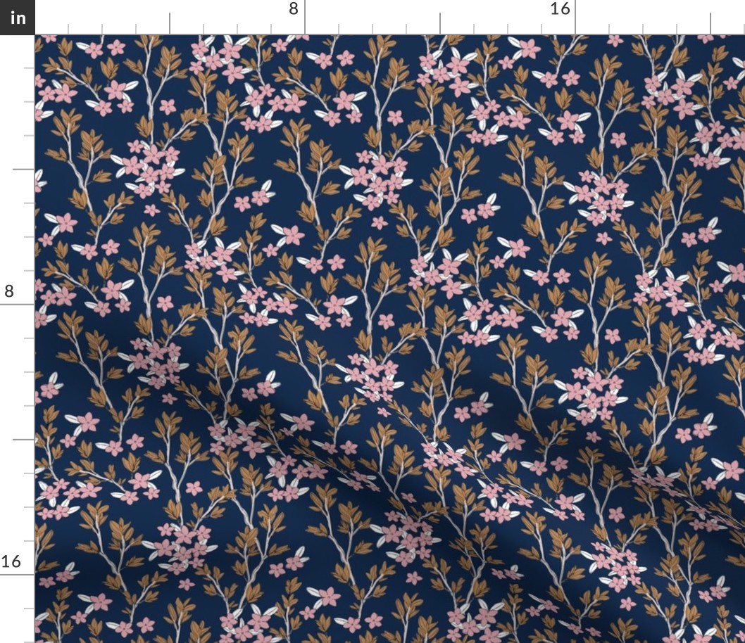 Romantic messy english garden leaves branches and flower blossom in ink navy blue pink cinnamon SMALL 